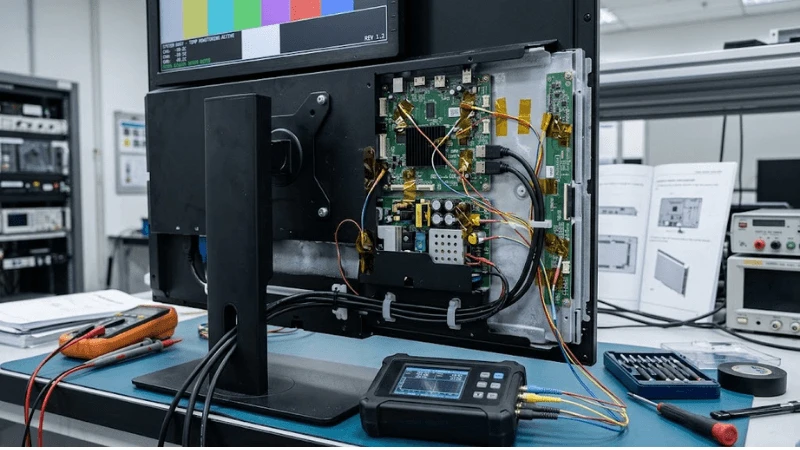 Close-up of a commercial display and rear electronics with temperature probes during a controlled cold-start test