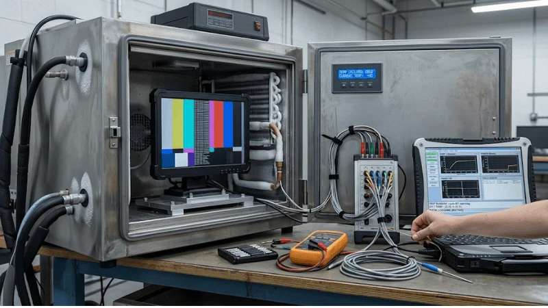 Environmental test setup where a production commercial LCD cycles from cold to normal conditions while image, power and temperature are logged Environmental test setup where a production commercial LCD cycles from cold to normal conditions while image, power and temperature are logged