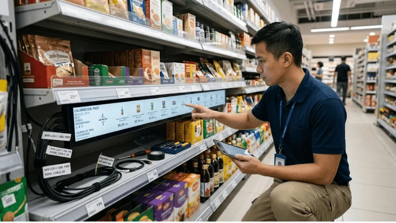 Interactive stretched bar LCD mounted on a retail shelf edge while an engineer tests touch targets along the full length