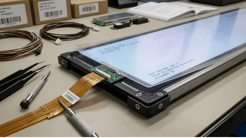Close-up of a long narrow LCD with transparent touch overlay, controller flex cable and realistic bezel alignment during assembly