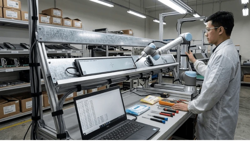QA station testing end-to-end touch accuracy on a bar LCD installed in a metal shelf fixture while controller events are logged QA station testing end-to-end touch accuracy on a bar LCD installed in a metal shelf fixture while controller events are logged