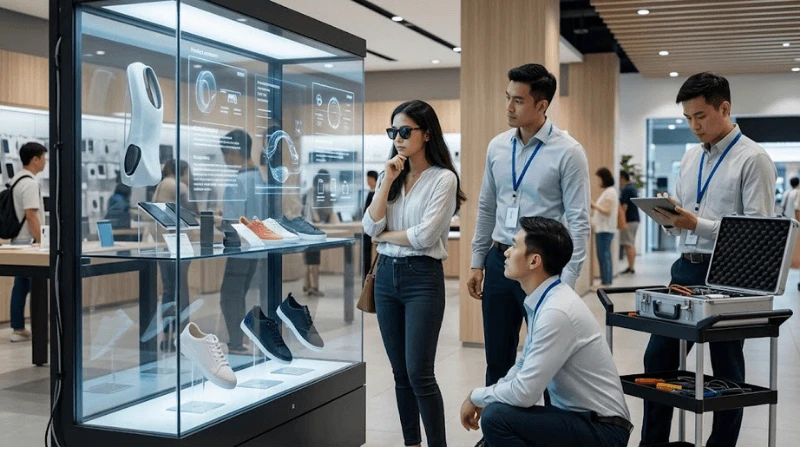 Transparent LCD retail showcase viewed by a shopper wearing polarized sunglasses while an engineer observes visibility from several angles Transparent LCD retail showcase viewed by a shopper wearing polarized sunglasses while an engineer observes visibility from several angles