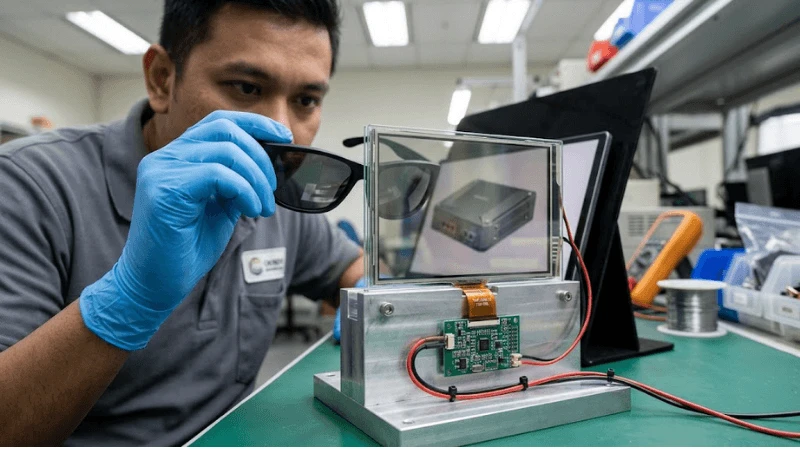 Close-up of transparent LCD optical stack and sunglasses lens during a controlled viewing test with a real product behind the display Close-up of transparent LCD optical stack and sunglasses lens during a controlled viewing test with a real product behind the display