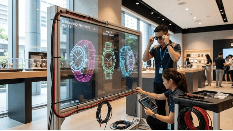 Retail acceptance test where technicians rotate viewing position and eyewear while a transparent LCD showcase runs high-contrast content under real store lighting Retail acceptance test where technicians rotate viewing position and eyewear while a transparent LCD showcase runs high-contrast content under real store lighting