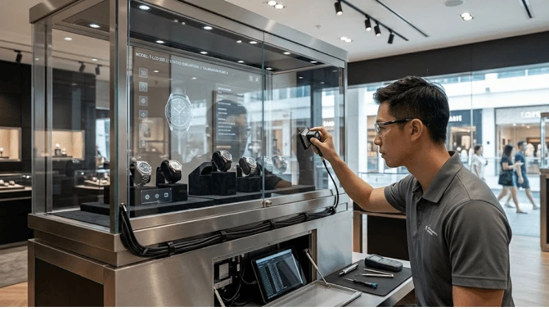 Premium retail transparent LCD showcase with real merchandise behind the screen while an engineer evaluates storefront and ceiling-light reflections on the front glass Premium retail transparent LCD showcase with real merchandise behind the screen while an engineer evaluates storefront and ceiling-light reflections on the front glass