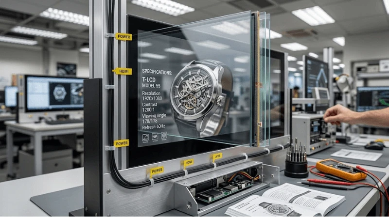 Close-up of anti-reflection front glass over a transparent LCD showing realistic residual reflections, merchandise detail and edge construction Close-up of anti-reflection front glass over a transparent LCD showing realistic residual reflections, merchandise detail and edge construction