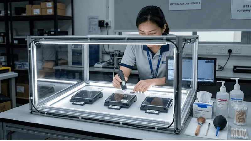 Optical QA scene comparing production front-glass samples on a transparent showcase under bright controlled lights with cleaning materials nearby Optical QA scene comparing production front-glass samples on a transparent showcase under bright controlled lights with cleaning materials nearby