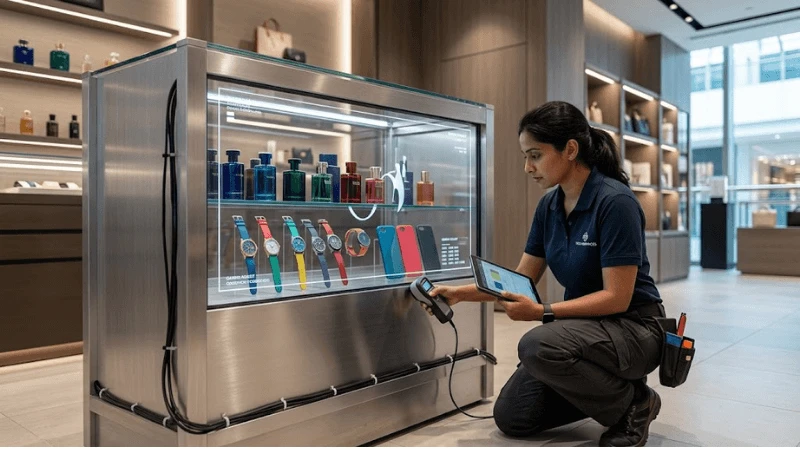 Transparent LCD showcase in a premium retail setting displaying real colored merchandise while a lighting engineer checks product appearance and screen white balance
