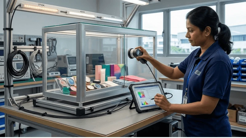 Color-quality acceptance workstation where a transparent showcase is measured with a color meter while representative merchandise and several lighting levels are reviewed Color-quality acceptance workstation where a transparent showcase is measured with a color meter while representative merchandise and several lighting levels are reviewed