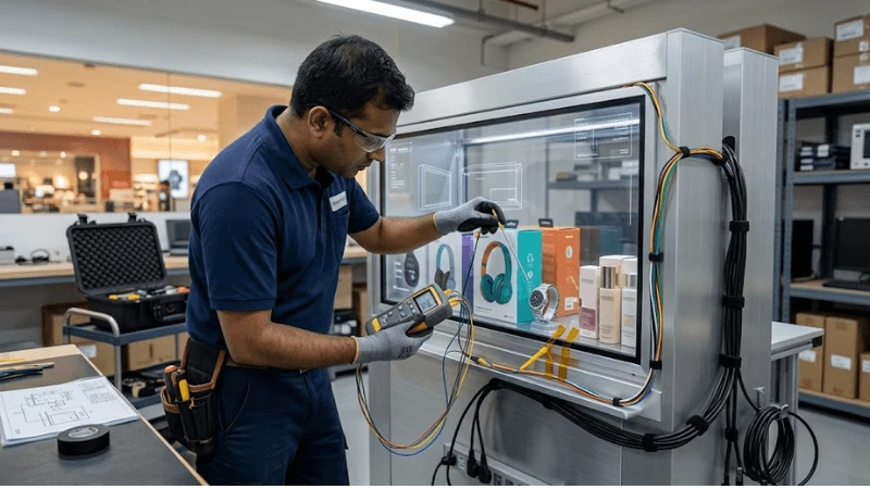 Transparent LCD retail showcase containing real merchandise while an engineer measures shelf and product temperatures with professional probes Transparent LCD retail showcase containing real merchandise while an engineer measures shelf and product temperatures with professional probes