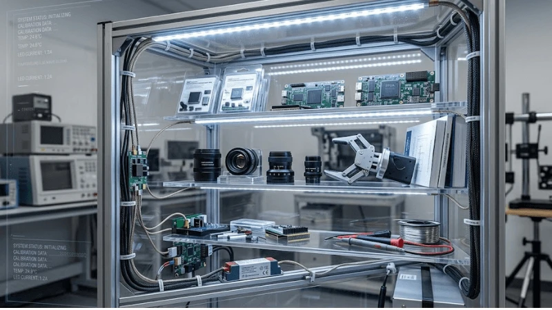 Interior close-up of a transparent LCD showcase showing LED lighting, shelves, merchandise and realistic temperature sensors near potential heat sources Interior close-up of a transparent LCD showcase showing LED lighting, shelves, merchandise and realistic temperature sensors near potential heat sources