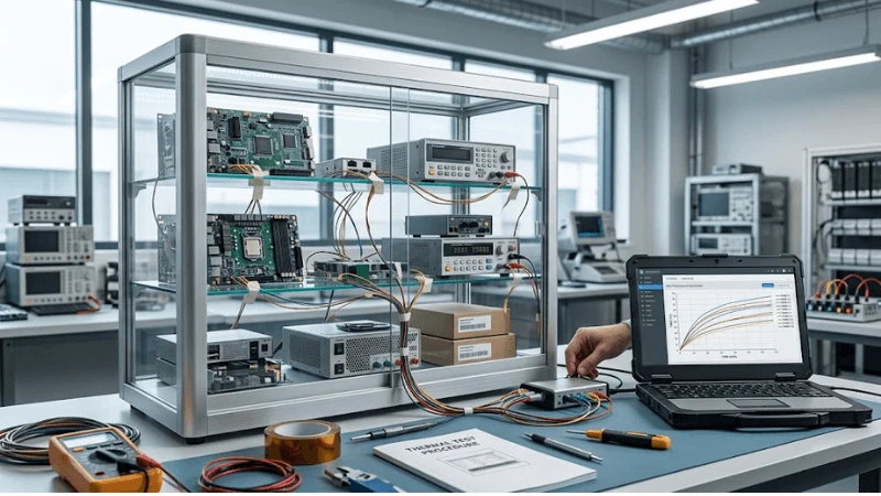 Thermal acceptance test of a loaded transparent LCD display case with multiple temperature probes and a laptop plotting shelf temperatures under full lighting